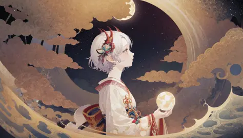 masterpiece, best quality, extremely detailed, detailed background, moon, torii, japanese clothes, star (sky), sky, waves, short hair, horns, cloud, orb, kimono, holding, white hair, 1girl, long sleeves, profile