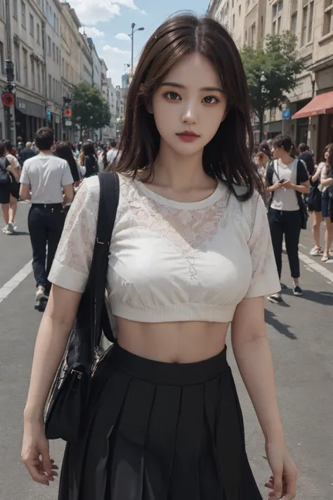 a woman in a white top and black skirt walking down a street