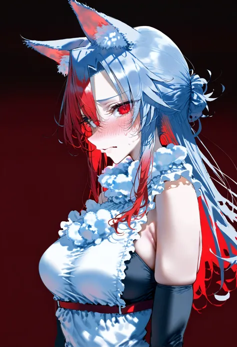 score_9, score_8_up, score_7_up,  1girl, solo, wolf ears, wolf girl, red hair, messy hair, long hair, looking at viewer, blush, ...