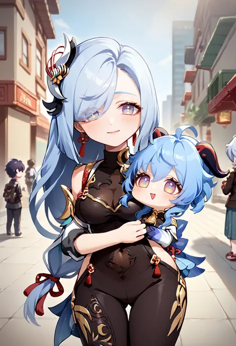 a woman in a black outfit holding a blue haired girl