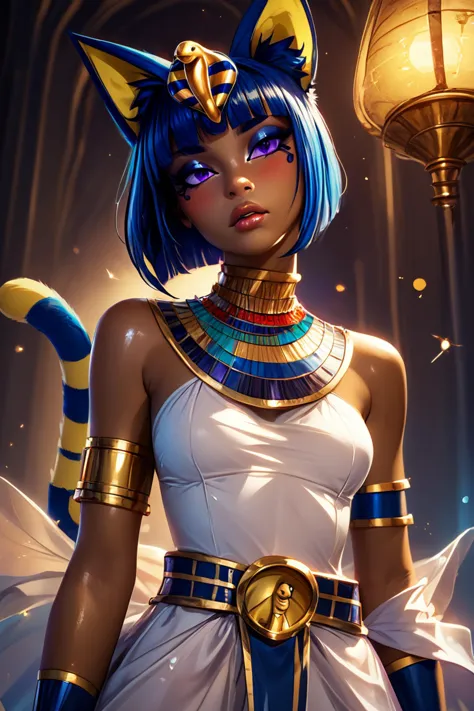 score_9, score_8_up, score_8, medium breasts, (curvy), cute, eyelashes,       BREAK, , zzEgyptian, animal crossing, animal ears, zzAnkha, armlet, backlighting, bare shoulders, belt, blonde hair, blue hair, blunt bangs, blunt ends, bob cut, cat ears, cat girl, cat tail, closed mouth, cropped, daniel deng, dark skin, dress, eye of horus, eyelashes, eyes visible through hair, facial tattoo, humanization, purple eyes, shiny skin, short hair, slit pupils, tattoo, usekh collar, white dress ,   <lora:Egyptian_PDXL:0.8>,, BREAK,  (ultra realistic,32k, masterpiece:1.2),(high detailed skin:1.1),( high quality:1.1), curvy, head tilt, hearts, blush, lips, curvy, head tilt, shiny clothes, (upper body), looking at viewer, bokeh, luminescent background,  embedding:zPDXL, Expressiveh,  <lora:RlAnmPDXL:1.0>,