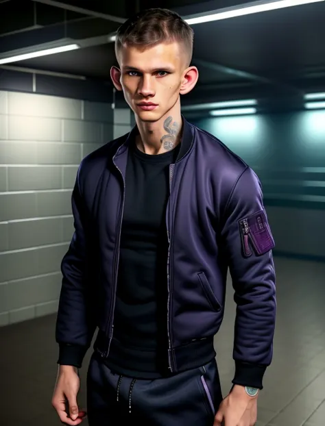 (vitalik:1.2), 1man, muscular male, (photo realistic), wide angle, long shot, (skinny, young male:1.2), scally, chav, proll, smirk, tattoos, open bomber jacket, sweatpants, sneakers, subway station (extremely intricate:1.2), dark lighting, dark colors, mystery, atmospheric, ultra high res, 8k uhd, intricate details, best face, best eyes, best hands, best quality, delicate, detailed face, detailed eyes, masterpiece, film grain, ChavAlpha, skinny, BrutalMass