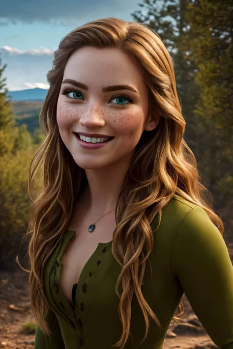 a woman with long hair and green shirt smiling in the woods