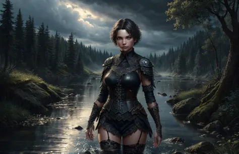 (darkening sky:1.3), highly detailed, concept art illustration, (finely detailed beautiful eyes and detailed face), skill, anti-aliasing, extremely clear, gills <lora:deepone-beta1-000012:1.2>, black stockings, Israeli woman, water, forest, short hair