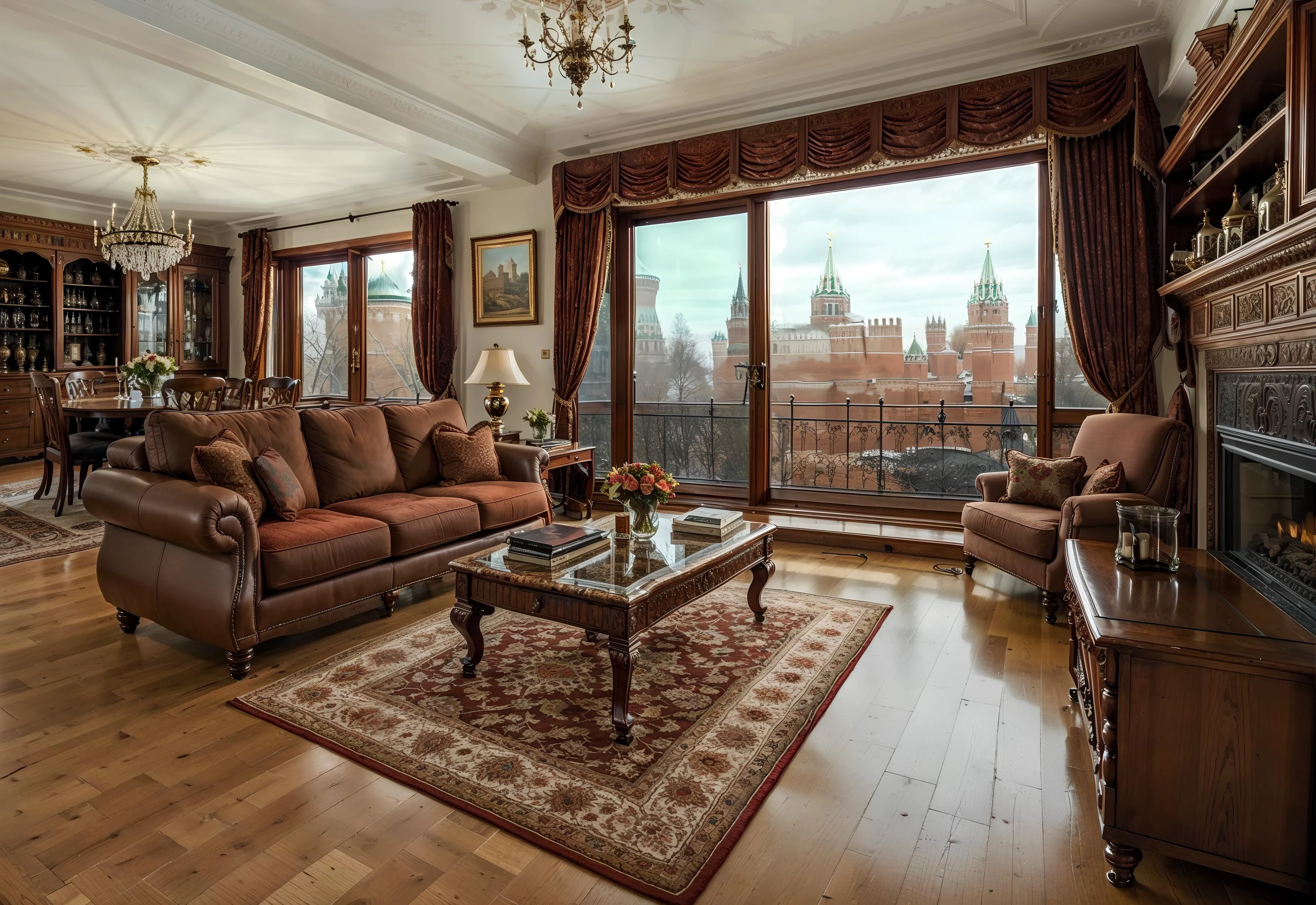 Gorgeous traditional apartment with( floor to ceiling windows:1.3), living room, sofas, coffee table, lamp shades, rug, fire place, high end wallpaper, Mahagony wood floor, winter, snowing outside, views of the (Kremlin:1.3),  masterpiece,  high quality,  high res, best quality,   