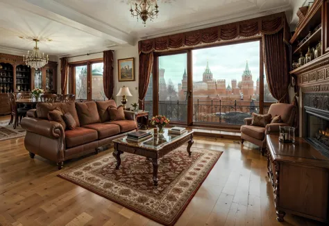 Gorgeous traditional apartment with( floor to ceiling windows:1.3), living room, sofas, coffee table, lamp shades, rug, fire place, high end wallpaper, Mahagony wood floor, winter, snowing outside, views of the (Kremlin:1.3),  masterpiece,  high quality,  high res, best quality,   <lora:add_detail:0.8> <lora:Detailed_Places_R-128_v1:0.8>