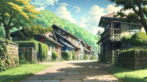 (masterpiece, best quality:1.1), no humans, building, house, grass, stairs, window, tree, sky, cloud, sunlight, sunbeam, village, town, road, lantern, rope, paper, hanging