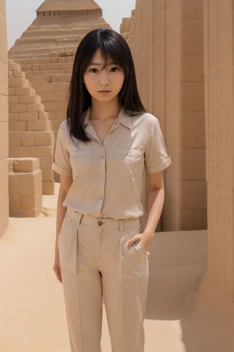<lora:sora_izumi_obj20:0.7>, full_body, standing, sandals, (shirt), pants, (egyptian pyramids), (sora_izumi: 1.2), perfect face,...