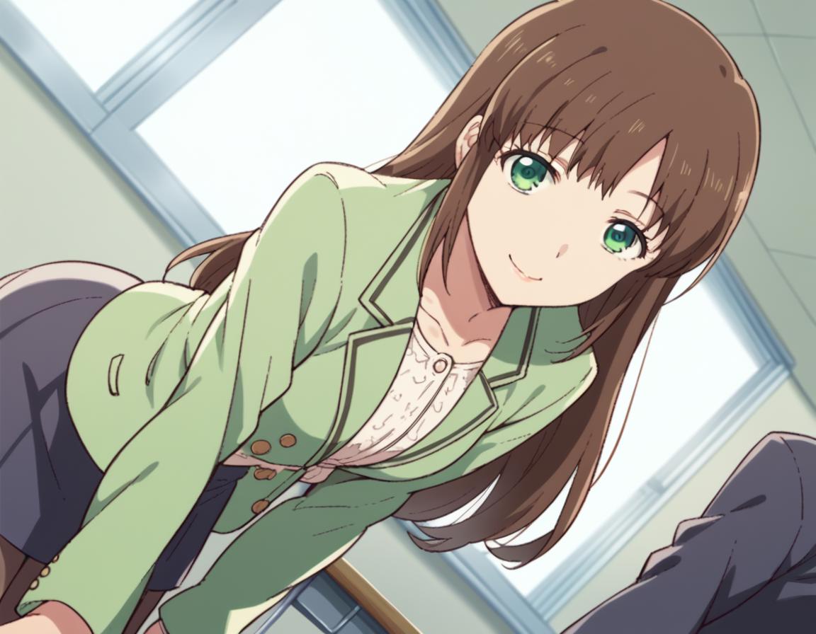 Anime image of a woman in a green jacket and black skirt - SeaArt AI