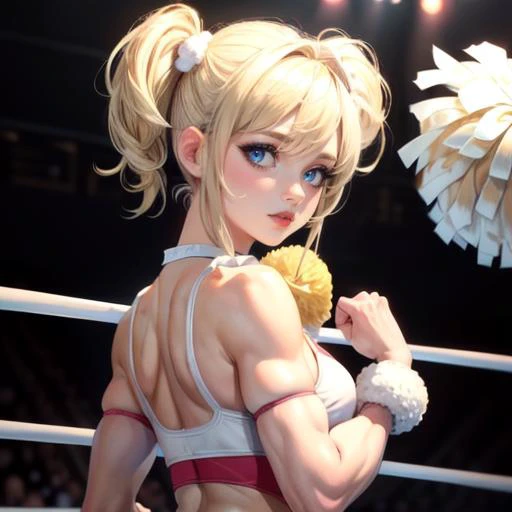 masterpiece, best quality, realistic, photorealistic, masterpiece, best quality, high quality, detail, highres, absurdres, muscular biceps, ((((short blonde hair)))), Blue Eyes, ((shoulder length side pigtails)), C-cup breasts, white and red cheerleader outfit, (((((solo))))), (((((SFW))))), (((seductive))), (((sexy))), ((in wrestling ring)), ((holding cheerleader pom pom)), (gold lights).