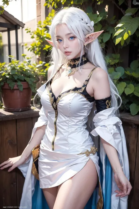 <lora:bzh_30:0.7>,dress,super high resolution,best quality,Photos,4k,(Realistic:1.2),bzh,1girl,white hair,long hair,blue_eyes,pointy_ears,hair_ornament,elf,thigh,