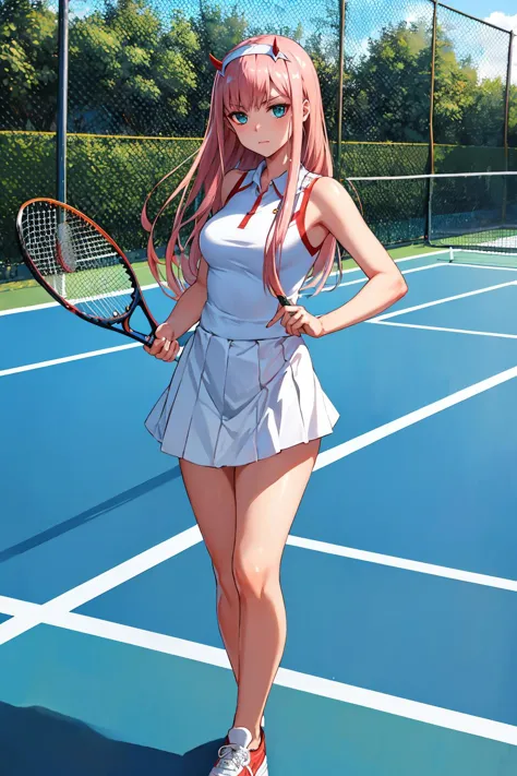 masterpiece, best quality, zerotwo, horns, hairband, tennis outfit, tennis racket, tennis court, furrowed brow, sneakers, standi...