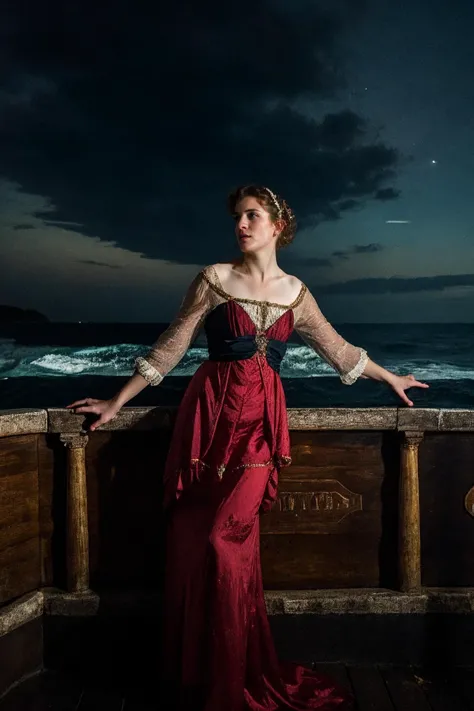 a woman in a red dress standing on a boat at night