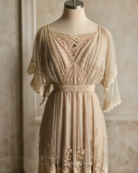 <lora:titanic_era_fashion:0.70> , titanic era fashion, dress, see-through, woman wearing titanic era fashion, short hair, beige ...