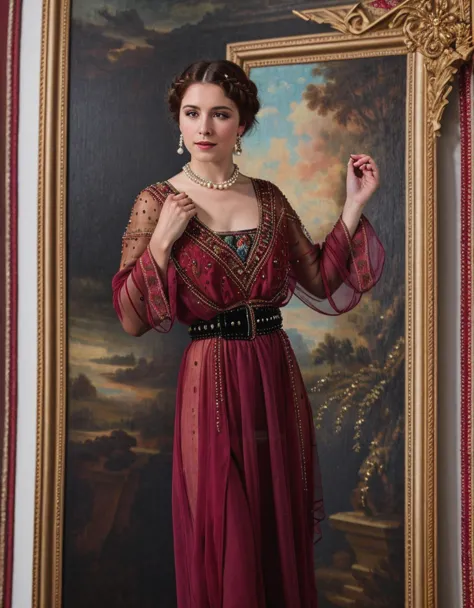 arafed woman in a red dress standing in front of a painting