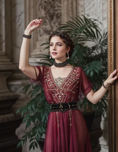 <lora:Titanic_Era_Fashion:0.70> , titanic era fashion, dress, see-through, woman wearing titanic era fashion, short hair, {belt}, red rose embroidery, black chiffon, black eyeshadow, plants, art gallery, woman looking at marble statue, reaching out, crying, blue eyes, braids, pearls, sequins, beaded embroidery, wine red,, RAW photo, subject, 8k uhd, dslr, soft lighting, high quality, film grain, Fujifilm XT3, professional photo, (detailed skin:1.3), high quality,