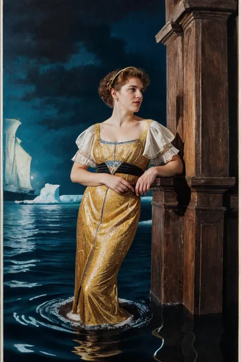 a painting of a woman in a dress standing in the water