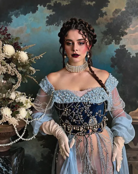 <lora:Titanic_Era_Fashion:0.67> , titanic era fashion, dress, see-through, woman wearing titanic era fashion, {belt}, black chiffon, black eyeshadow, plants, art gallery, woman looking at marble statue, black lipstick, crying, blue eyes, braids, pearls, sequins, beaded embroidery, wine red,  <lora:LifeImitatesArt:0.52> , atmospheric depth, harmonious composition, eye-catching juxtaposition, lifeimitatesart, (fashion photography), faded, film grain, muted colors, bust, blue trim, bright eyes, angel sculpture, gloves, dried flowers,, RAW photo, subject, 8k uhd, dslr, soft lighting, high quality, film grain, Fujifilm XT3, professional photo, (detailed skin:1.3), high quality,