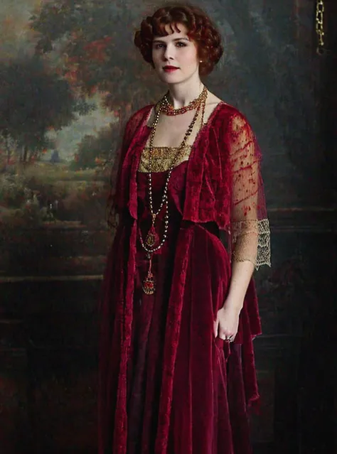 a close up of a woman in a red dress and a necklace