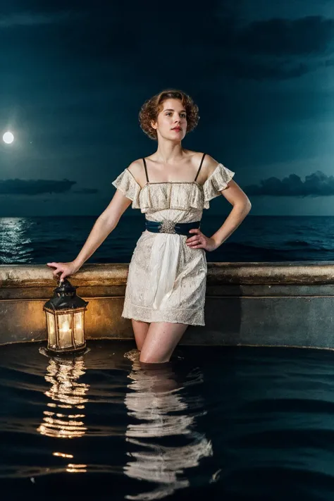 a woman in a white dress standing in a pool with a lantern