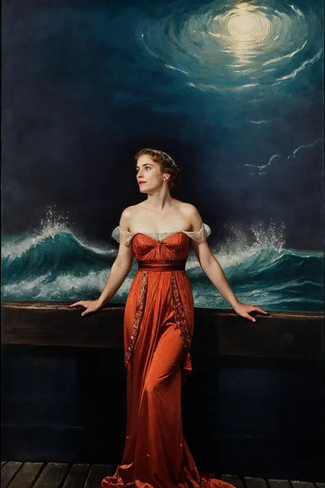 a woman in a red dress standing on a pier next to a painting