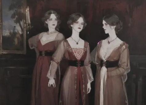 three women in dresses standing next to each other in a room