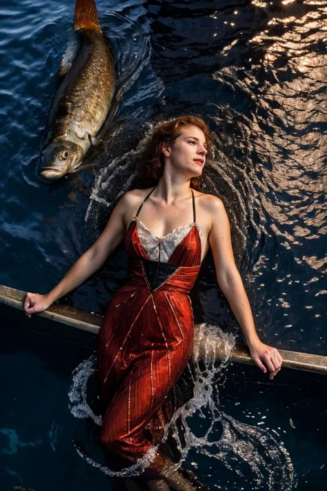 arafed woman in a red dress is sitting in the water with a fish