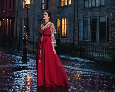 woman in red dress standing in the rain in front of a building