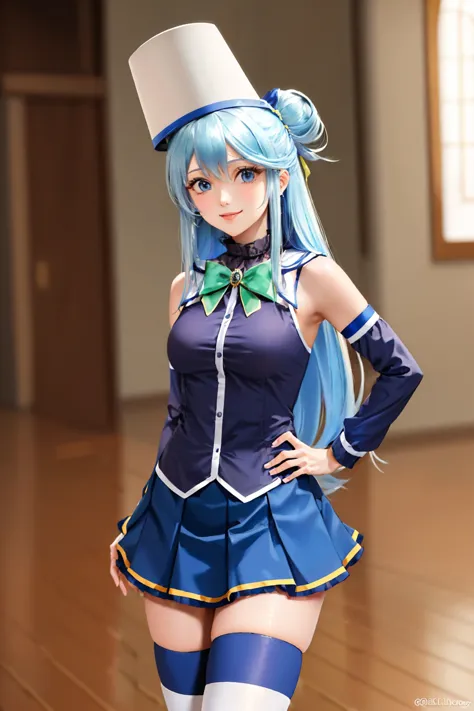 (masterpiece, best quality:1.2), solo, 1girl, ksaqua, smile, looking at viewer, hand on hip, bucket on head, metal bucket, blue shirt, bow, detached sleeves, skirt, thighhighs, bare shoulders, breasts <lora:konosuba_aqua:0.8> <lora:attire_bucketonhead:1>