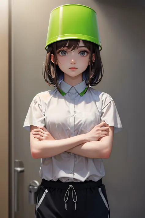 (masterpiece, best quality:1.2), cowboy shot, solo, 1girl, expressionless, looking at viewer, crossed arms, bucket on head, green bucket, white shirt, short sleeves, track pants <lora:attire_bucketonhead:0.9>