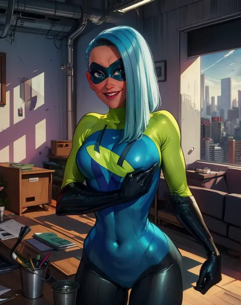 Voyd,blue hair,blue eyes,lips,nervous smile,
domino mask,bodysuit,gloves,looking at viewer,hips,
office,cityscape,indoors,
(insa...