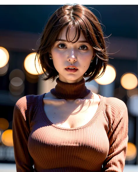 best quality, photorealistic, 8k, high res, 1girl, woman, (skindentation), (portrait:0.6), blur background, outdoor, (high-neck sweater:1.5), gorgeous, (night, floating hair:1.5), (dynamic pose:0.8), soft lighting, wind, garden, looking at viewer, (1girl eyes looking at viewer, brown hair, shorthair, parted bangs:1.6), photorealistic, (bokeh), gorgeous, pureerosface_v1,  <lora:av-Aoi:0.65>