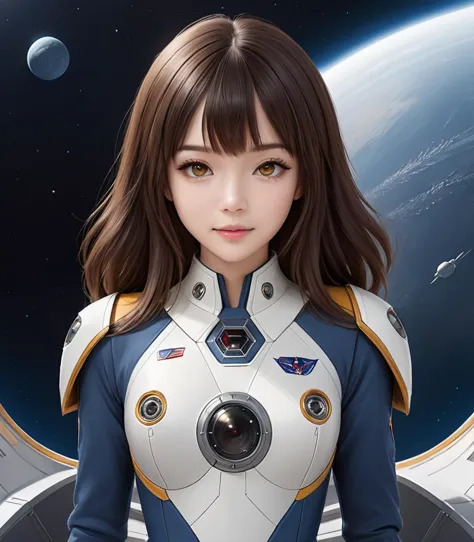 a woman in a space suit standing in front of a planet