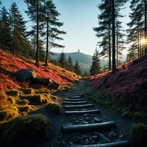 (((On a trail with Harz Mountains in the background))), volumetric lighting, vibrant colors, 4k epic detailed, shot on kodak, 35...