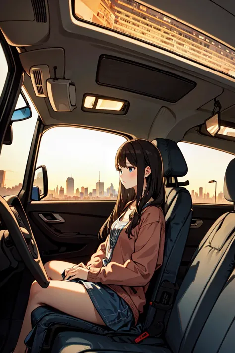 anime girl sitting in a car with city in the background