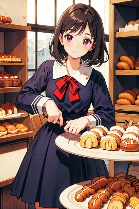 anime girl in a bakery with a tray of pastries