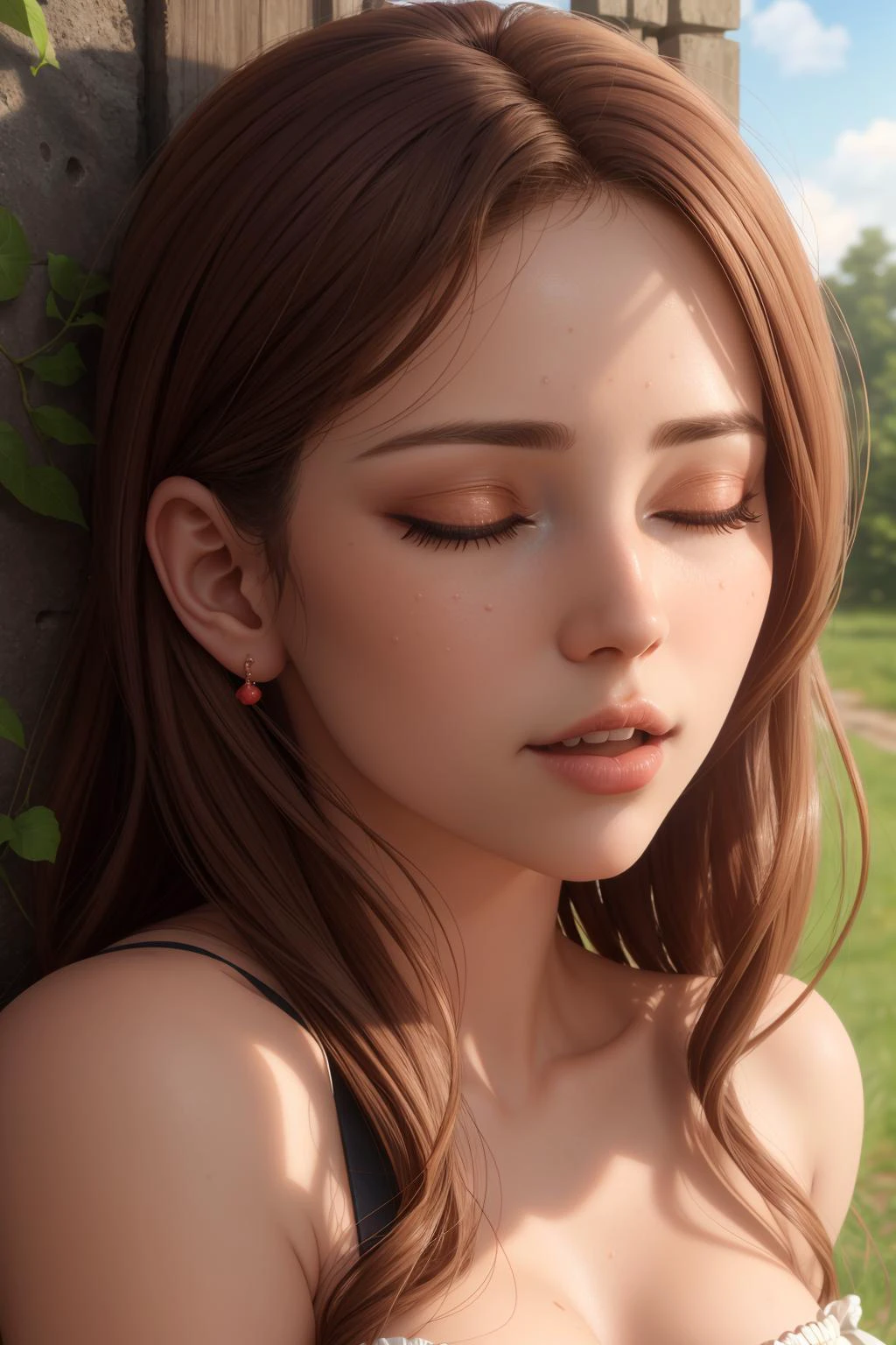 wallpaper, raw photo, professional artwork, ultra realistic cg, concept art, a portrait of a beautiful woman, leaning against a wall, goddess, edgOrgasm,face focus, a woman with her mouth open and eyes closed , woman with edgOrgasm_face extremely detailed, doll, coral eyes, light brown hair, in an orchard,