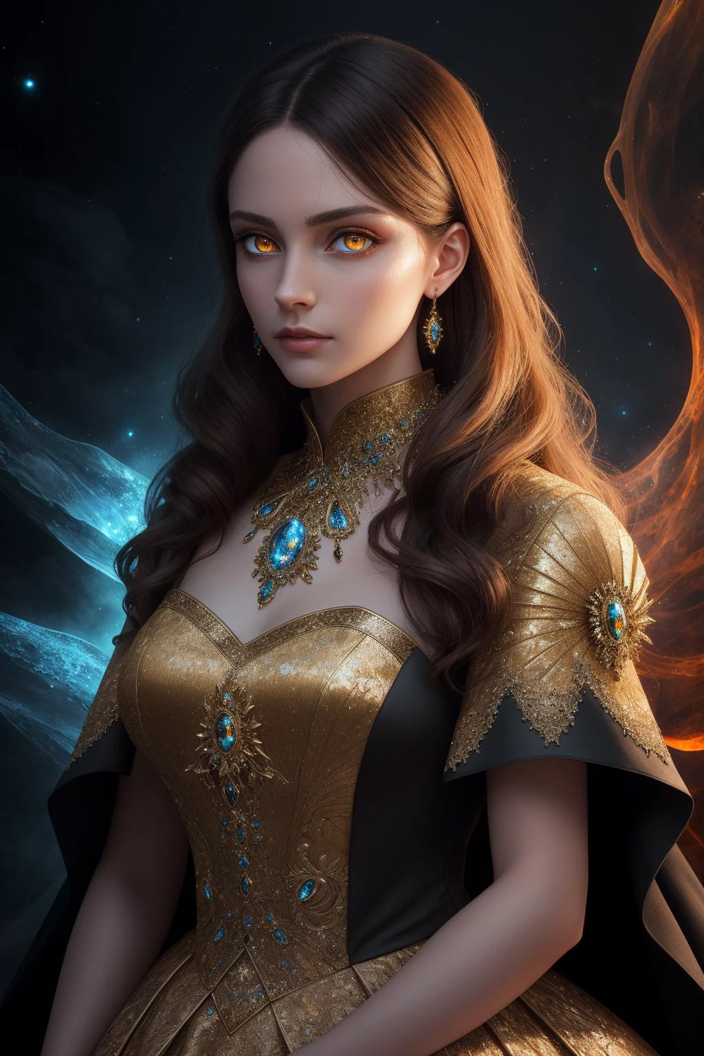 majestic, hdr, concept art, 8k, wallpaper, a portrait of a stunning woman, wearing a felt dress, extremely detailed, amber eyes, bioluminescent background,