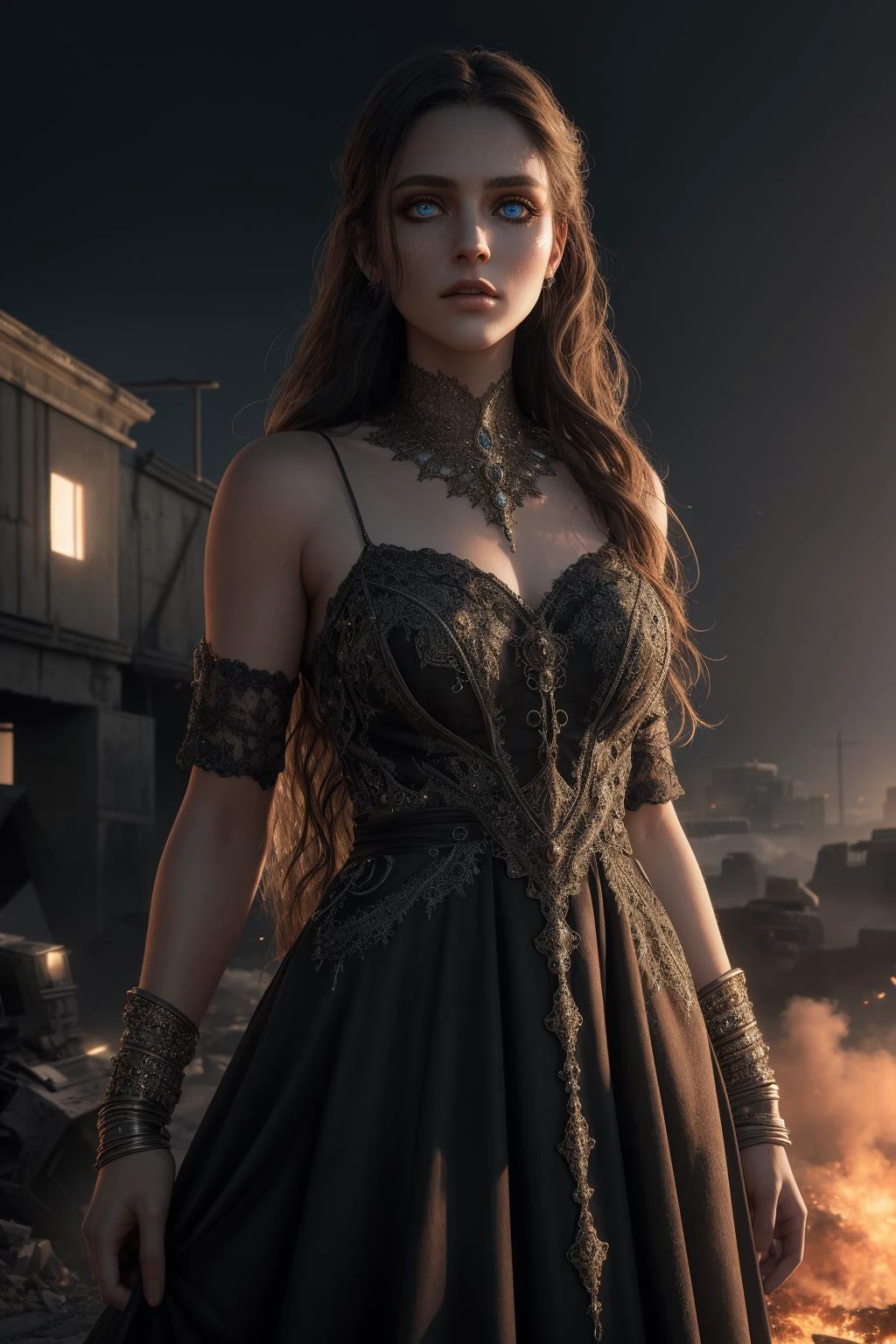 high quality, realistic, hdr, octane render, masterpiece, a photo of a stunning woman, standing, enchantress, wearing a dress, intricate, alluring, post apocalyptic, realistic eyes, bright eyes, detailed skin, black eyes, intricate background,