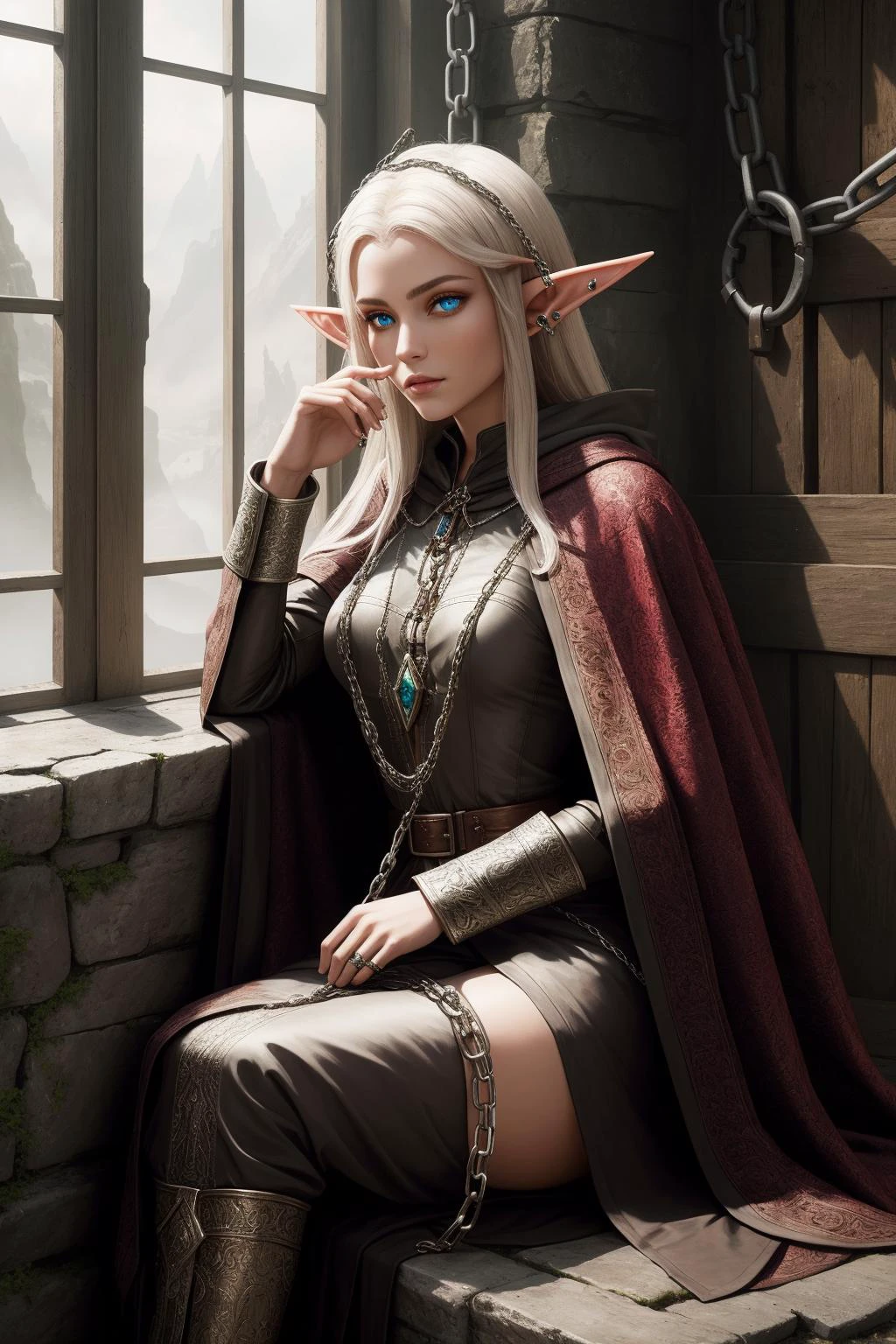 best quality, a portrait of an elf, sitting, pointed ears, cloak, chains, elegant, extremely detailed, alluring, fantasy, post apocalyptic, beautiful detailed eyes, small breasts, intricate background,