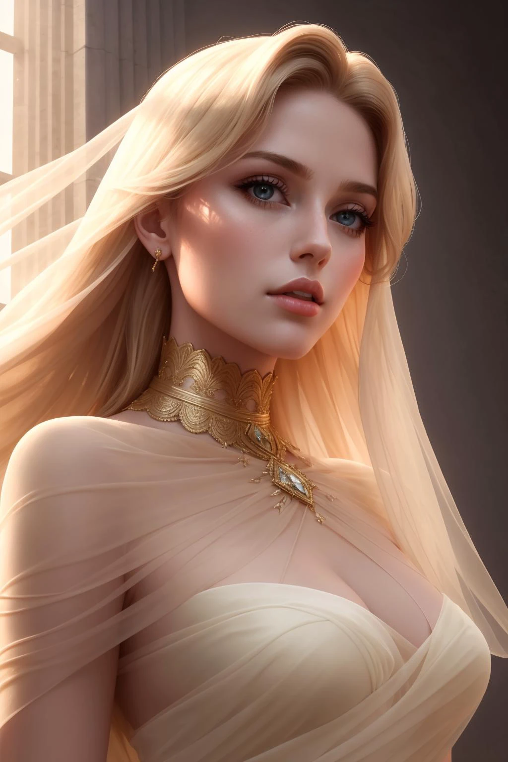 trending on artstation, famous artwork, majestic, high quality, sharp focus, a portrait of a beautiful woman, posing fror a picture, enchantress, ((Sheer dress)), power stance, extremely detailed, vibrant, picture-perfect face, ash blonde hair, from below, in ancient greece,