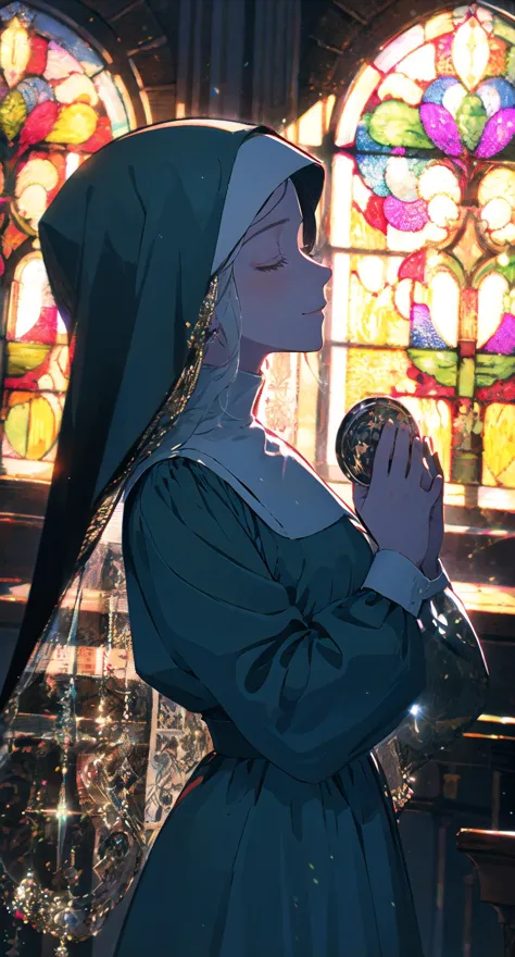 mirrornun, from side, stained glass, 1girl, solo, closed eyes, nun, praying, habit, long sleeves, profile, own hands together, b...