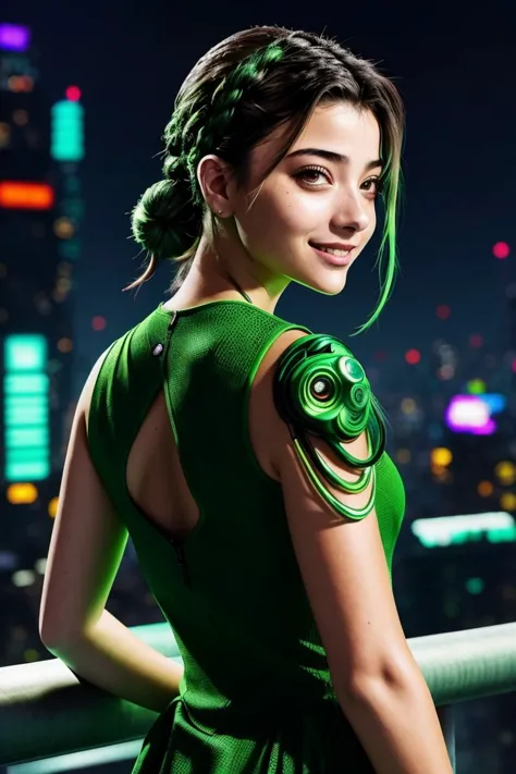 (Paisagem urbana ciberpunk, néon, Escuro, futurista, detalhado:1.15), foto de BlancaSoler, concentre-se no rosto sorridente, de trás usando um vestido de tênis, seu cabelo verde-marinho está penteado em um coque trançado alto,