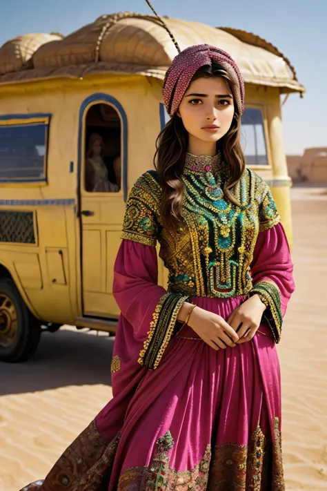 a woman in a colorful dress standing in front of a yellow van