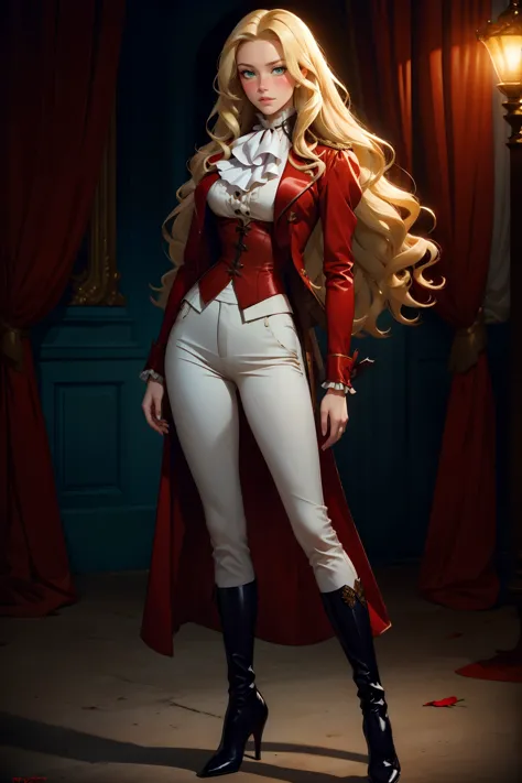 ultra realistic 8k, picture-perfect face, flawless, clean, masterpiece, cinematic lighting, cinematic bloom, perfect face, beautiful face, extremely detailed eyes,  1girl wearing a r1d3r, (formal jacket), long sleeves, red (tailcoat), white pants, ascot, frills, high collar,  high heel boots, cuffs, buttons, flower, puffy sleeves, (dynamic pose),  hyperrealistic photography, extremely detailed CG unity 8k wallpaper, HDR, RAW photo, dslr, intricate detail, cute, magical, enchanting, parted lips, vibrant lighting, vibrant colors, (masterpiece, best quality, ultra-detailed, best shadow), perfect female body perfect female waist  medium breasts, photography BREAK  (blonde hair, mid parted hair, straight hair, long hair:1.2), pronounced blush, beautiful green eyes  <lora:body\GoodHands-beta2:0.8> <lora:tools\epiNoiseoffset_v2> <lora:outfits\VictorianRidingOutfit:0.8:LBW=1,1,1,1,1,1,1,0,0,1,0,1,1,1,1,1,1;> <lora:lowra_v10:0.3>