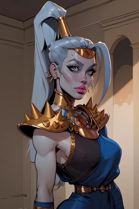 (masterpiece, best quality:1.2),  <lora:thepit:0.95>, thepit, looking at viewer,  <lora:megaera:.9>, megaera, 1girl, solo, ponytail, colored skin, breasts, piercing, ear piercing, blue skin, gorget, greek clothes,