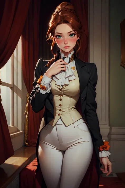 ultra realistic 8k, picture-perfect face, flawless, clean, masterpiece, cinematic lighting, cinematic bloom, perfect face, beautiful face, extremely detailed eyes,  1girl wearing a r1d3r, (formal jacket), long sleeves, black (tailcoat), white pants, ascot, frills, high collar,  high heel boots, cuffs, buttons, flower, puffy sleeves, (dynamic pose),  hyperrealistic photography, extremely detailed CG unity 8k wallpaper, HDR, RAW photo, dslr, intricate detail, cute, magical, enchanting, parted lips, vibrant lighting, vibrant colors, (masterpiece, best quality, ultra-detailed, best shadow), perfect female body perfect female waist  medium breasts, photography BREAK  long hair, crownbraid, chestnut brown hair, ponytail, crownbraid tie, (pronounced blush), beautiful green eyes  <lora:body\GoodHands-beta2:0.8> <lora:tools\epiNoiseoffset_v2> <lora:outfits\VictorianRidingOutfit:0.8:LBW=1,1,1,1,1,1,1,0,0,1,0,1,1,1,1,1,1;> <lora:lowra_v10:0.3>