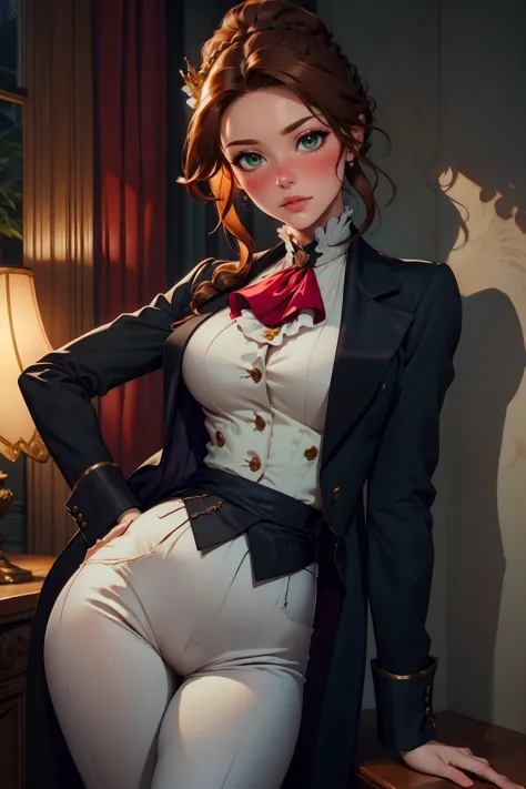 ultra realistic 8k, picture-perfect face, flawless, clean, masterpiece, cinematic lighting, cinematic bloom, perfect face, beautiful face, extremely detailed eyes,  1girl wearing a r1d3r, (formal jacket), long sleeves, black (tailcoat), white pants, ascot, frills, high collar,  high heel boots, cuffs, buttons, flower, puffy sleeves, (dynamic pose),  hyperrealistic photography, extremely detailed CG unity 8k wallpaper, HDR, RAW photo, dslr, intricate detail, cute, magical, enchanting, parted lips, vibrant lighting, vibrant colors, (masterpiece, best quality, ultra-detailed, best shadow), perfect female body perfect female waist  medium breasts, photography BREAK  long hair, crownbraid, chestnut brown hair, ponytail, crownbraid tie, (pronounced blush), beautiful green eyes  <lora:body\GoodHands-beta2:0.8> <lora:tools\epiNoiseoffset_v2> <lora:outfits\VictorianRidingOutfit:0.8:LBW=1,1,1,1,1,1,1,0,0,1,0,1,1,1,1,1,1;> <lora:lowra_v10:0.3>