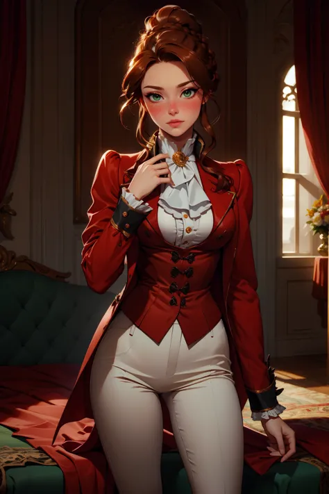 ultra realistic 8k, picture-perfect face, flawless, clean, masterpiece, cinematic lighting, cinematic bloom, perfect face, beautiful face, extremely detailed eyes,  1girl wearing a r1d3r, (formal jacket), long sleeves, red (tailcoat), white pants, ascot, frills, high collar,  high heel boots, cuffs, buttons, flower, puffy sleeves, (dynamic pose),  hyperrealistic photography, extremely detailed CG unity 8k wallpaper, HDR, RAW photo, dslr, intricate detail, cute, magical, enchanting, parted lips, vibrant lighting, vibrant colors, (masterpiece, best quality, ultra-detailed, best shadow), perfect female body perfect female waist  medium breasts, photography BREAK  long hair, crownbraid, chestnut brown hair, ponytail, crownbraid tie, (pronounced blush), beautiful green eyes  <lora:body\GoodHands-beta2:0.8> <lora:tools\epiNoiseoffset_v2> <lora:outfits\VictorianRidingOutfit:0.8:LBW=1,1,1,1,1,1,1,0,0,1,0,1,1,1,1,1,1;> <lora:lowra_v10:0.3>