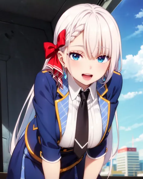 (masterpiece), (best quality), (ultra-detailed), photorealistic, (best illustration), (an extremely delicate and beautiful), 1girl, solo, riselia-fi, leaning forward, (huge breasts), depth of field, upper body,  (blue eyes), hair ribbon, red ribbon, long hair,white shirt, blue jacket, collared shirt, blue skirt, black necktie, school uniform, (pov), smile, open mouth, happy, blush, <lora:riselia-fi:1> bent over, from below, blue sky, bokeh, detailed scenery, skyscraper, upper teeth, earrings,